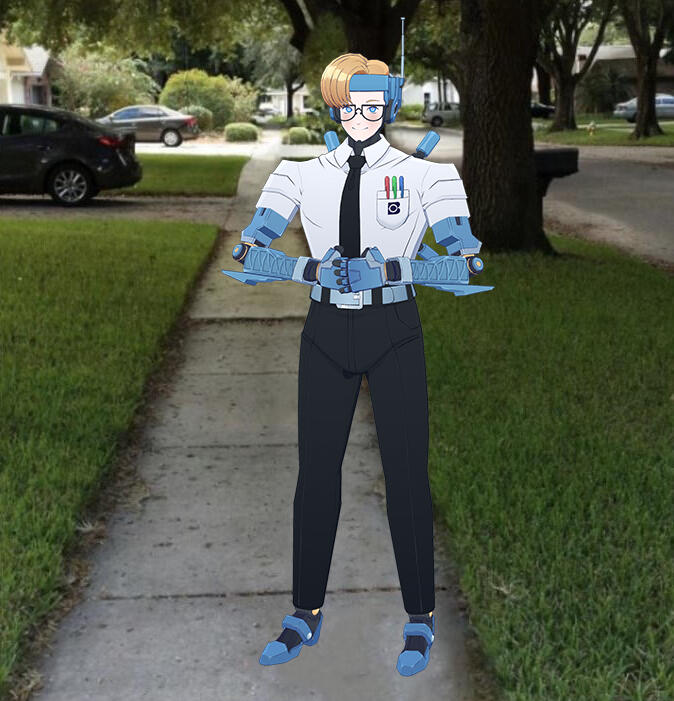 A blue male android holds the pose from the "You know I had to do it to 'em" meme standing on a sidewalk in a neighborhood.